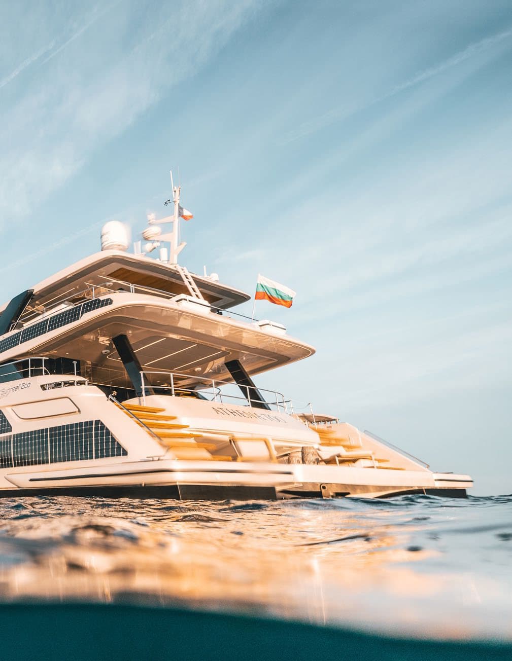 A yacht seen from the waterline